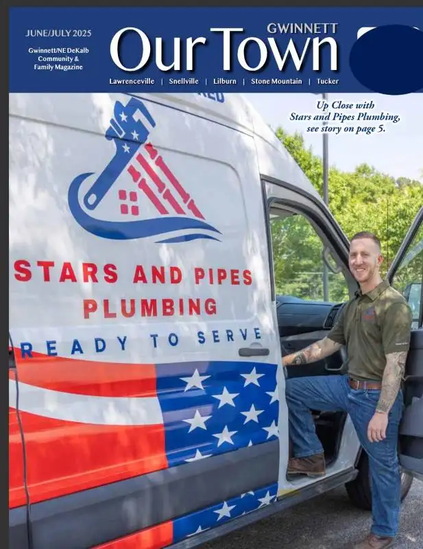 Stars and Pipes Plumbing Atlanta cover story in the Blue Summer 2025 edition of Our Town Gwinnett Magazine