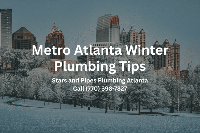 wintery view of Atlanta Georgia with text overlay for the article about winter plumbing tips from Stars and Pipes Plumbing Atlanta